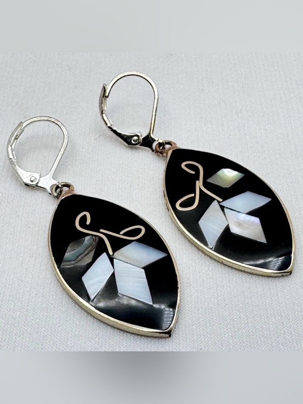 Vintage Mexico Silver Overlay Mother of Pearl Inlay Dangle Earrings Never Worn